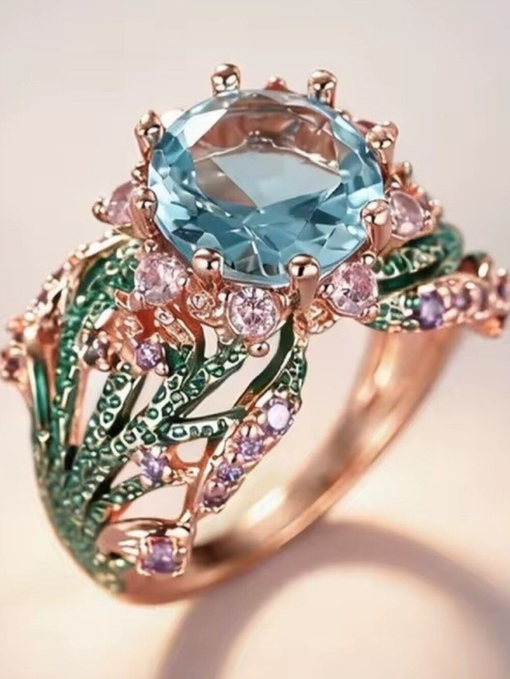 Boho Blue Topaz Glass Crystal Ring Green Enamel Floral Engagement Band Sz 7